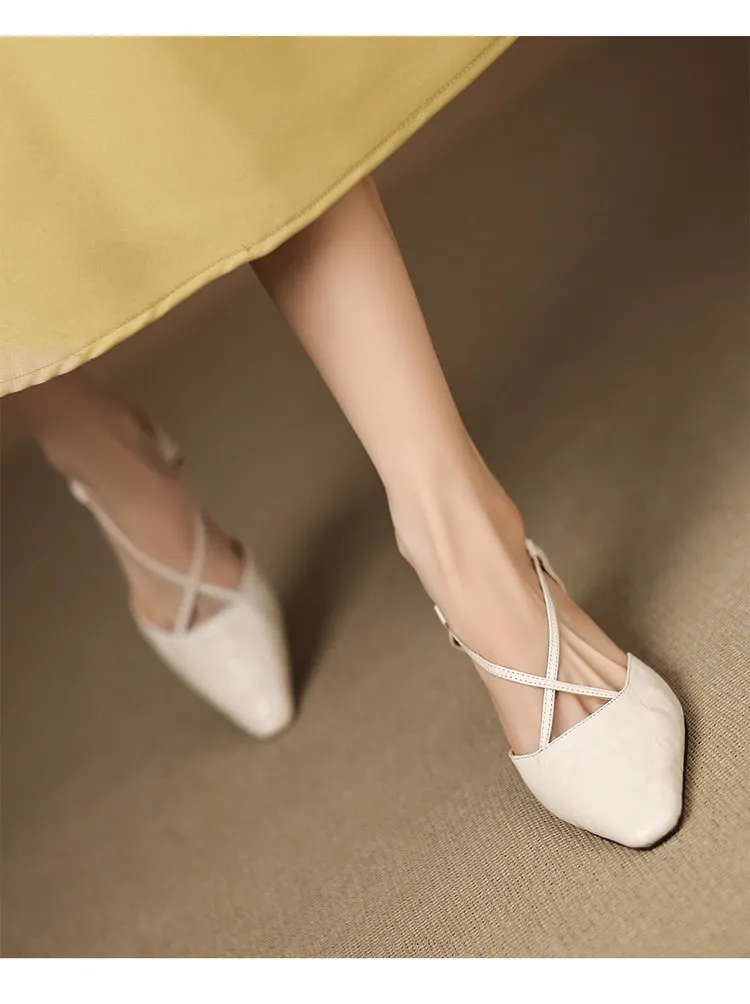 Spring/Summer Crossback Open-Back Sandals, Stunning French Style Square Toe, Closed-Toe High Heels, Lizhen Women's Shoes