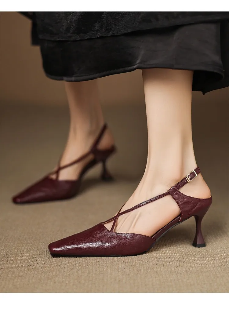 Spring/Summer Crossback Open-Back Sandals, Stunning French Style Square Toe, Closed-Toe High Heels, Lizhen Women's Shoes