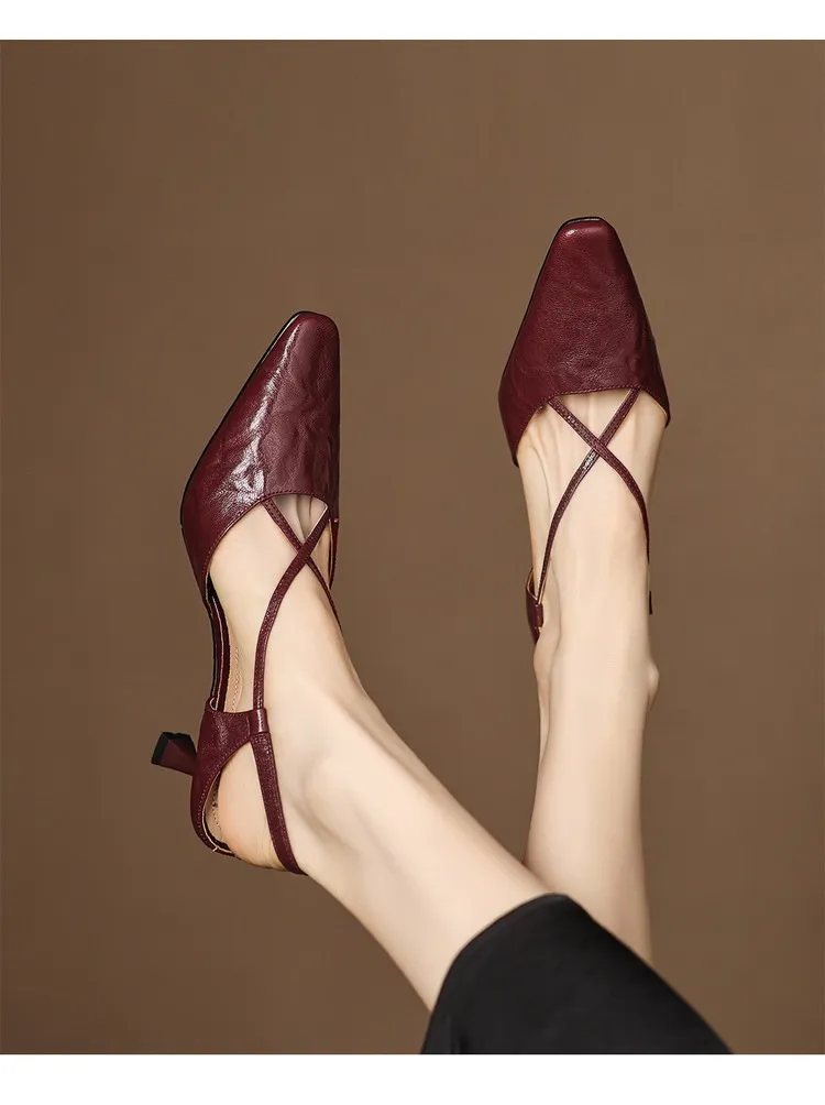 Spring/Summer Crossback Open-Back Sandals, Stunning French Style Square Toe, Closed-Toe High Heels, Lizhen Women's Shoes