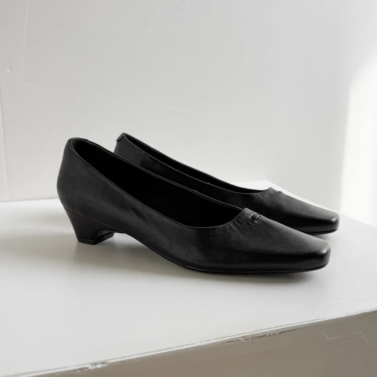 Early Spring Women's Fashion Shoes with Square Toe, Chunky Heel, Leather, Black and Khaki, Size 12-26c
