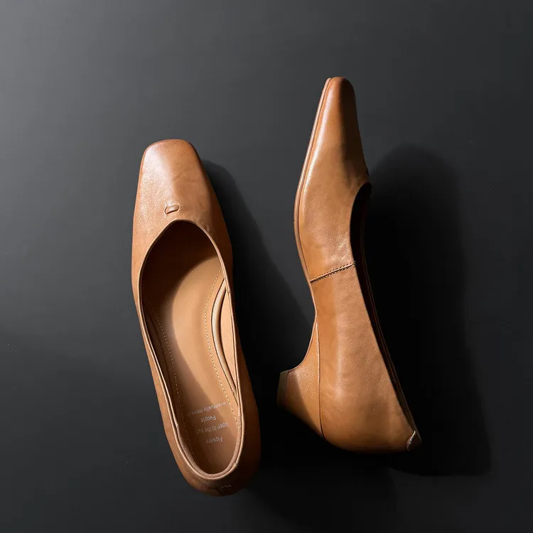 Early Spring Women's Fashion Shoes with Square Toe, Chunky Heel, Leather, Black and Khaki, Size 12-26c