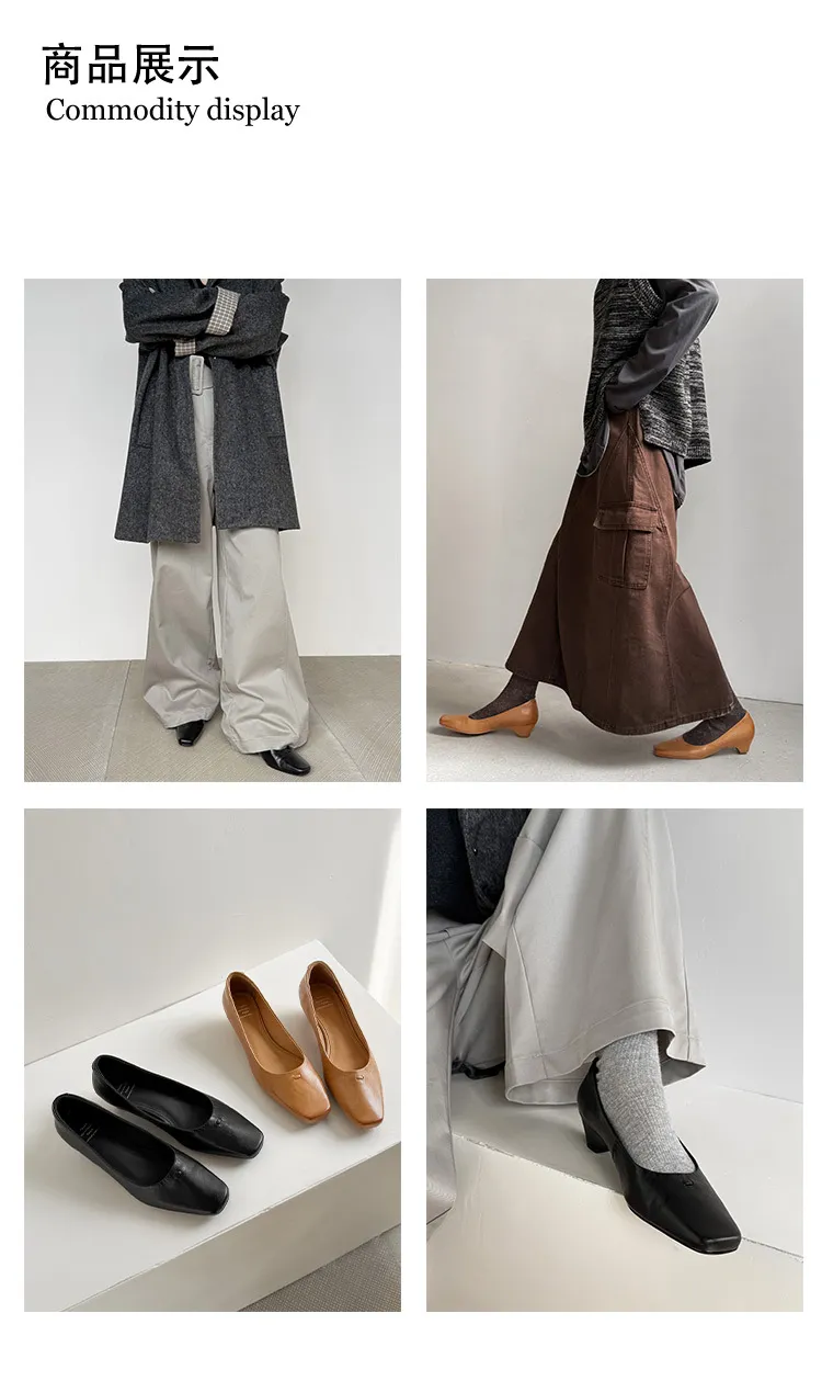 Early Spring Women's Fashion Shoes with Square Toe, Chunky Heel, Leather, Black and Khaki, Size 12-26c