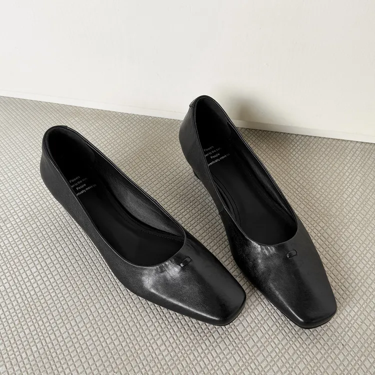 Early Spring Women's Fashion Shoes with Square Toe, Chunky Heel, Leather, Black and Khaki, Size 12-26c