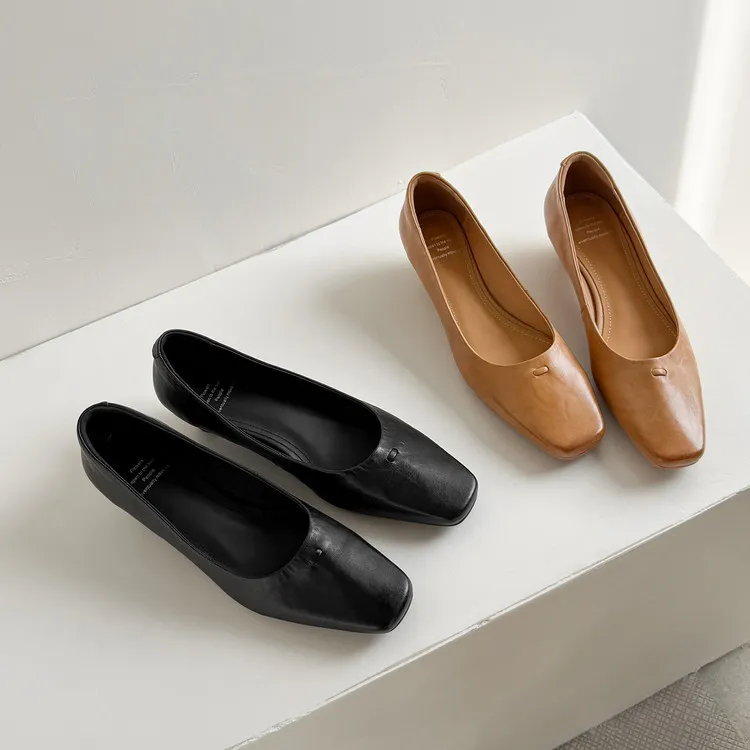Early Spring Women's Fashion Shoes with Square Toe, Chunky Heel, Leather, Black and Khaki, Size 12-26c