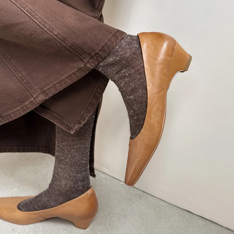 Early Spring Women's Fashion Shoes with Square Toe, Chunky Heel, Leather, Black and Khaki, Size 12-26c