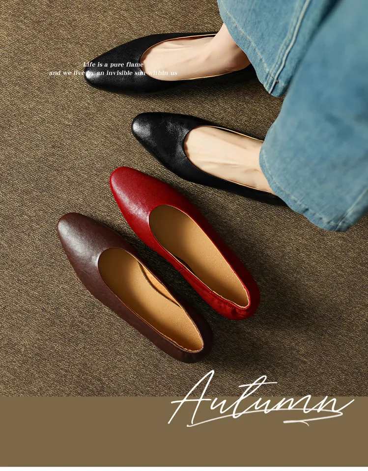 Early spring single shoes, round toe, flat, simple, solid color, sheepskin, comfortable slip-on women's shoes, 12-30d