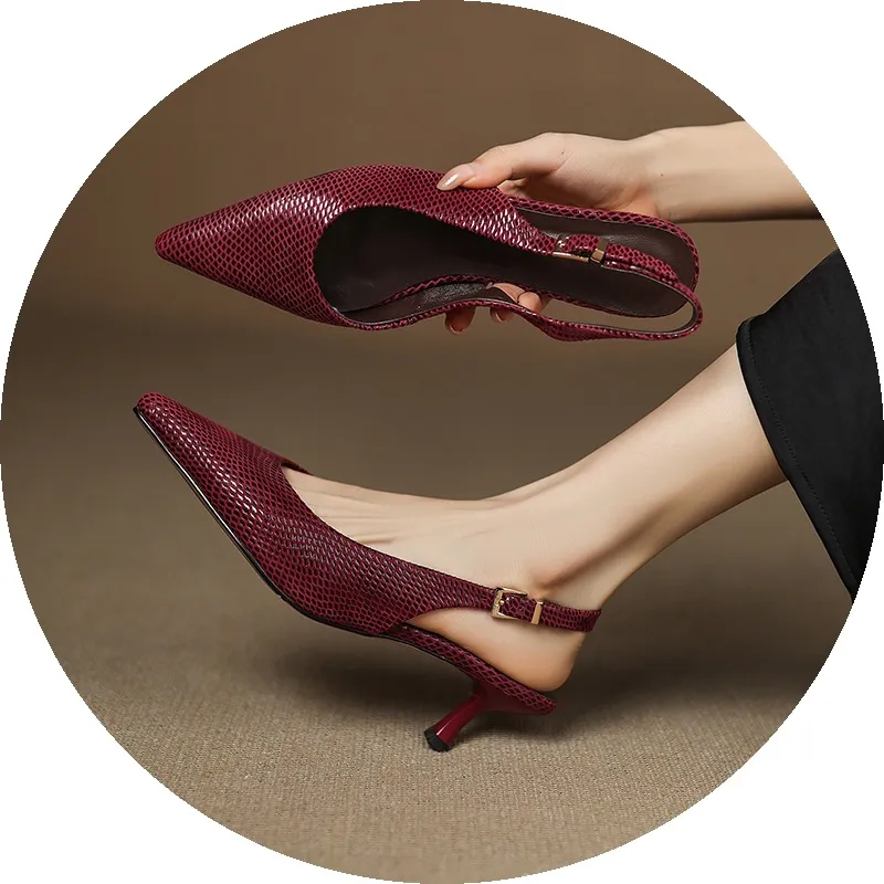 Spring/Summer Embossed Sheepskin Sandals with Stiletto Heels, Open Back, Stylish and Elegant Pointed Toe, 5cm High Heels for Women