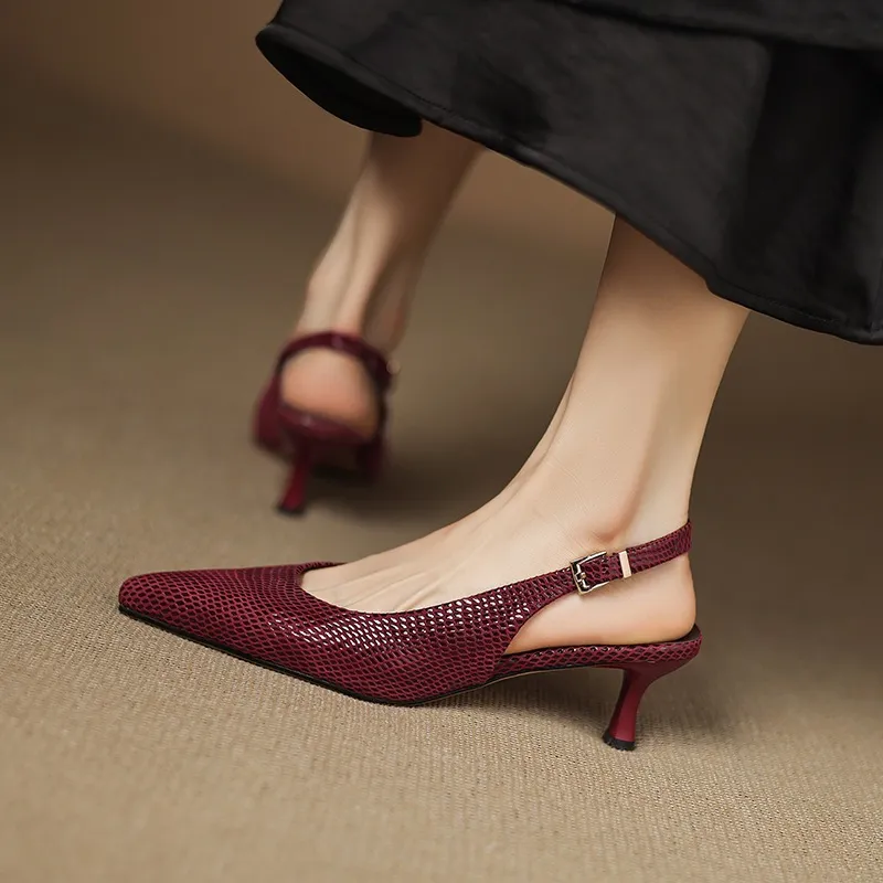Spring/Summer Embossed Sheepskin Sandals with Stiletto Heels, Open Back, Stylish and Elegant Pointed Toe, 5cm High Heels for Women
