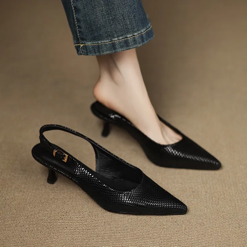 Spring/Summer Embossed Sheepskin Sandals with Stiletto Heels, Open Back, Stylish and Elegant Pointed Toe, 5cm High Heels for Women