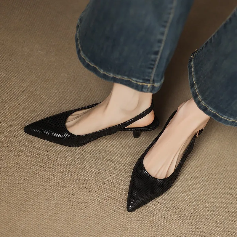 Spring/Summer Embossed Sheepskin Sandals with Stiletto Heels, Open Back, Stylish and Elegant Pointed Toe, 5cm High Heels for Women