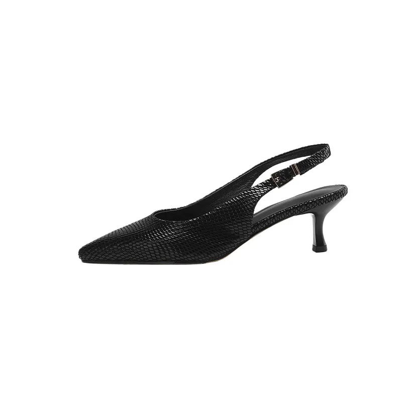 Spring/Summer Embossed Sheepskin Sandals with Stiletto Heels, Open Back, Stylish and Elegant Pointed Toe, 5cm High Heels for Women