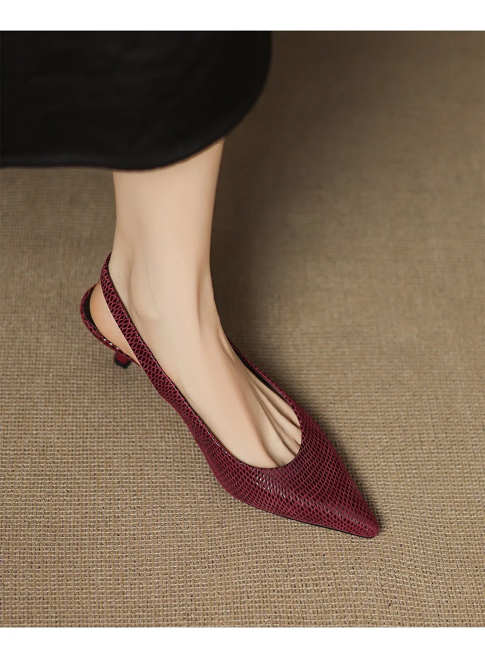 Spring/Summer Embossed Sheepskin Sandals with Stiletto Heels, Open Back, Stylish and Elegant Pointed Toe, 5cm High Heels for Women