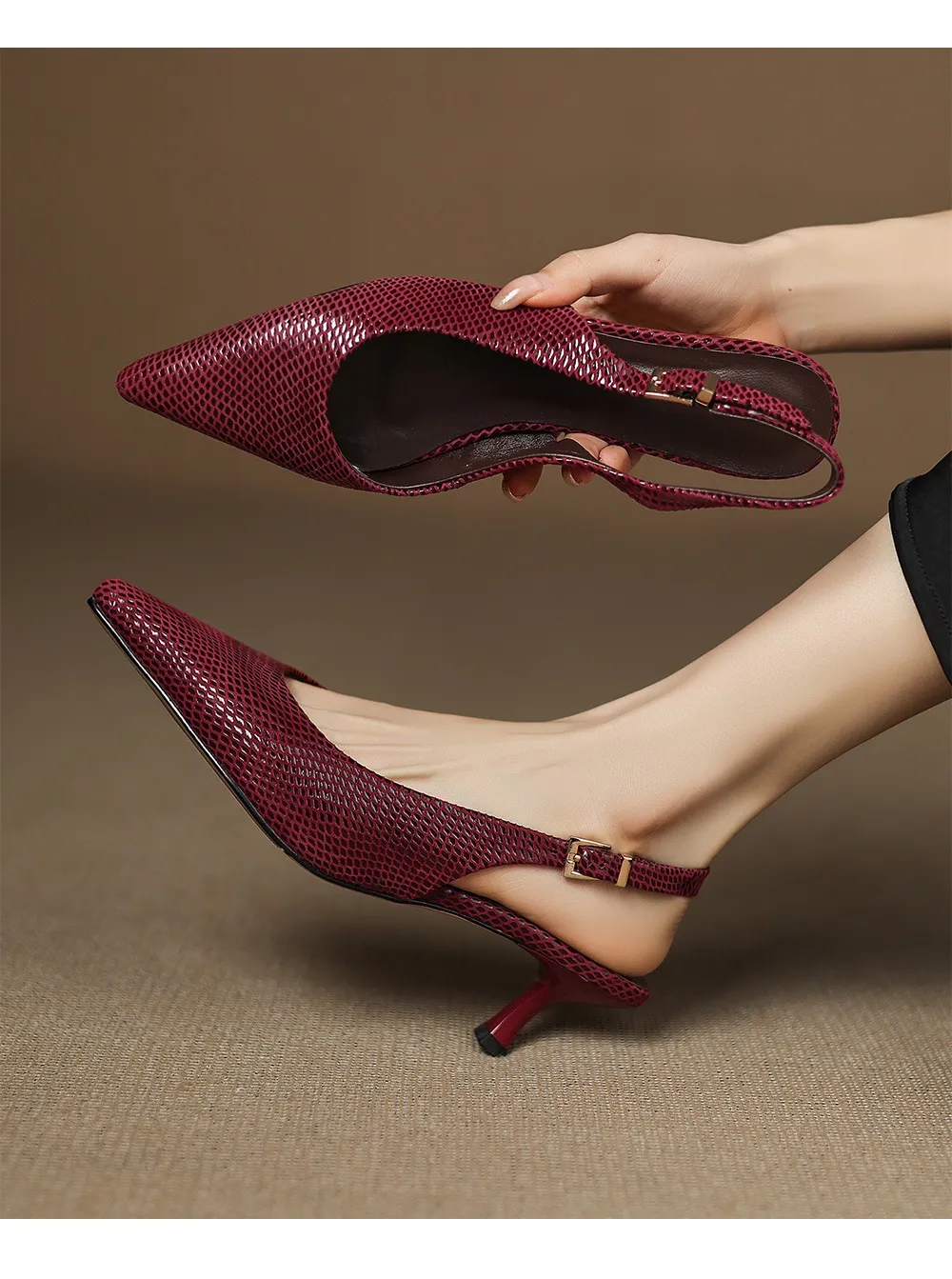 Spring/Summer Embossed Sheepskin Sandals with Stiletto Heels, Open Back, Stylish and Elegant Pointed Toe, 5cm High Heels for Women