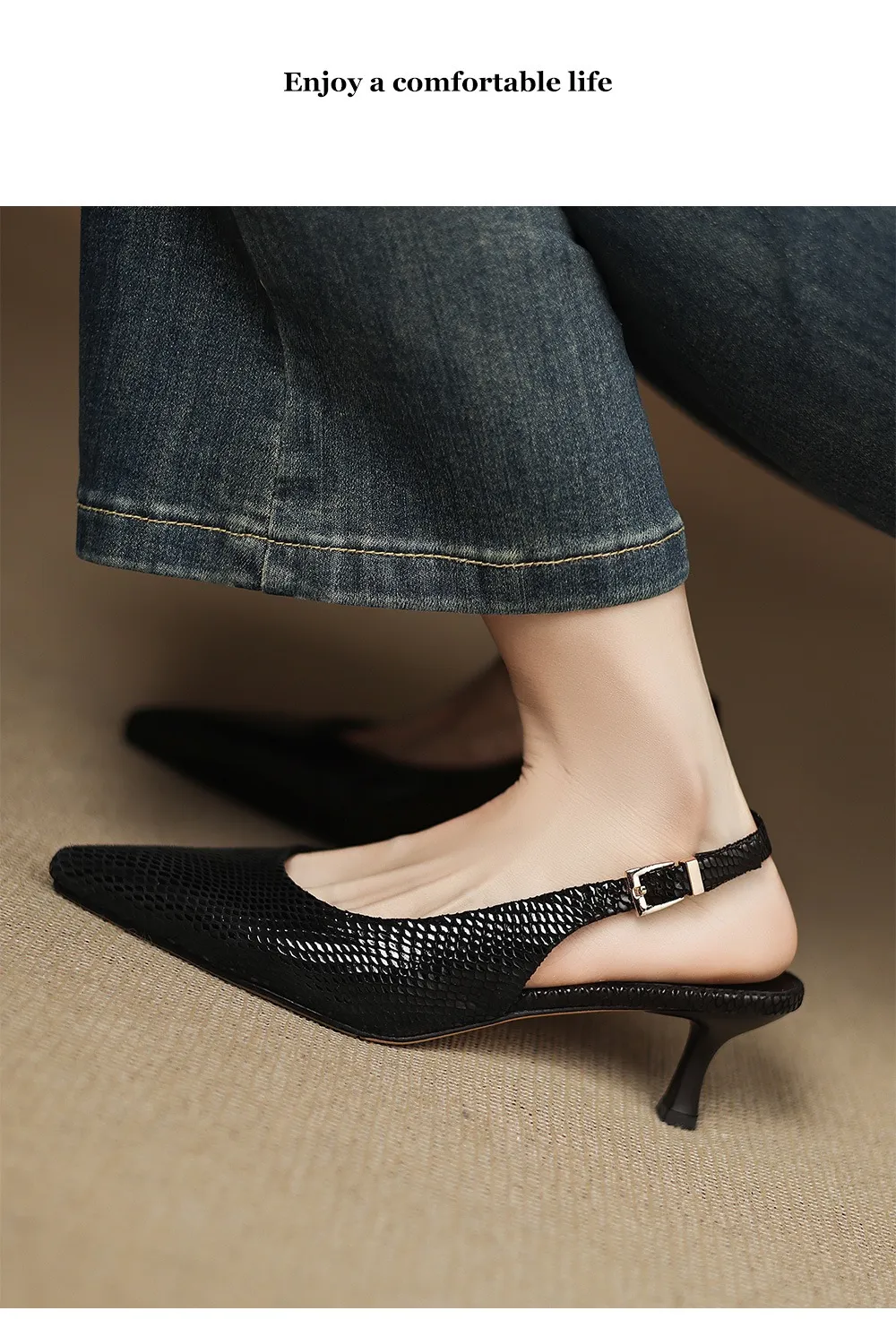 Spring/Summer Embossed Sheepskin Sandals with Stiletto Heels, Open Back, Stylish and Elegant Pointed Toe, 5cm High Heels for Women