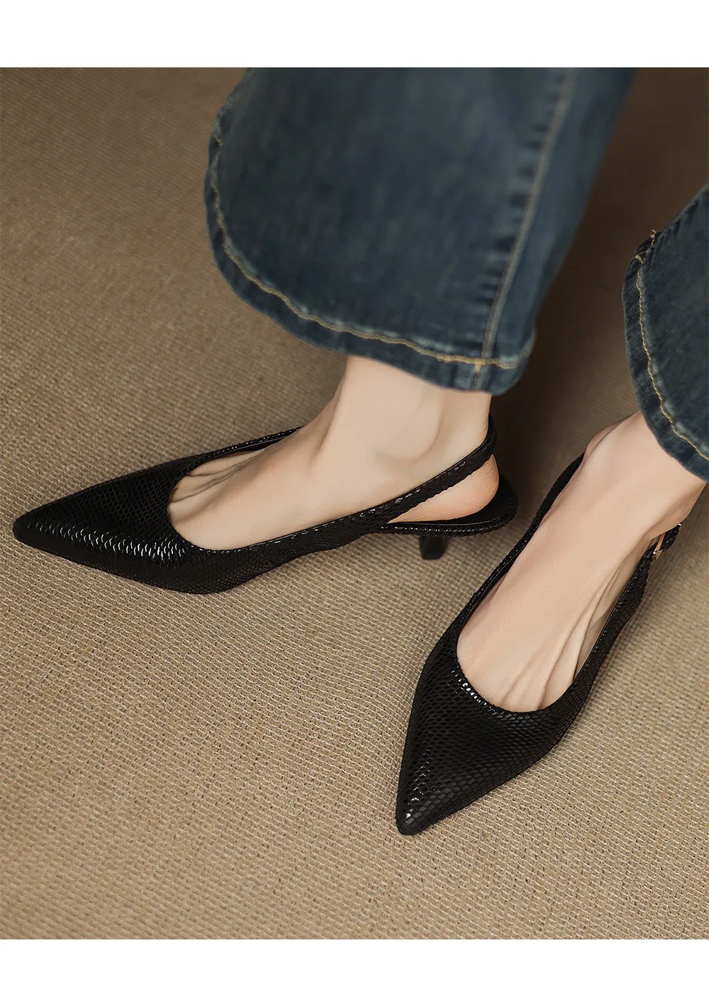 Spring/Summer Embossed Sheepskin Sandals with Stiletto Heels, Open Back, Stylish and Elegant Pointed Toe, 5cm High Heels for Women