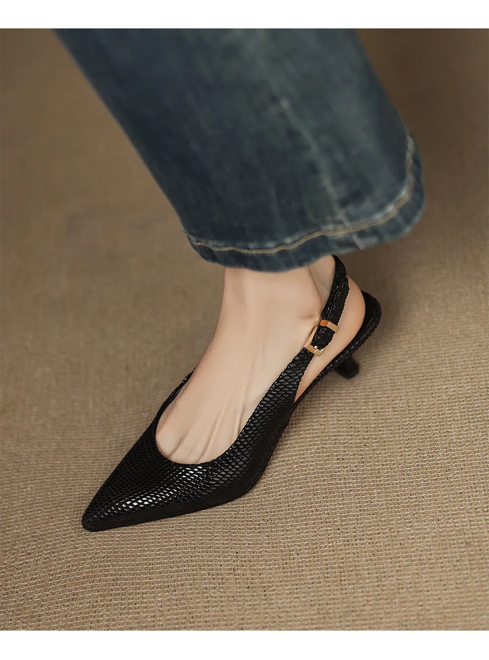 Spring/Summer Embossed Sheepskin Sandals with Stiletto Heels, Open Back, Stylish and Elegant Pointed Toe, 5cm High Heels for Women