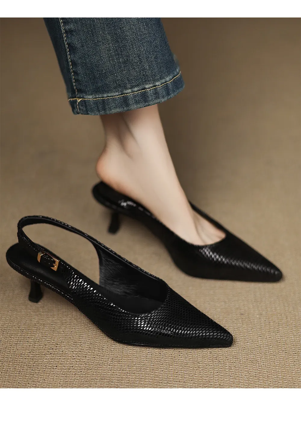 Spring/Summer Embossed Sheepskin Sandals with Stiletto Heels, Open Back, Stylish and Elegant Pointed Toe, 5cm High Heels for Women