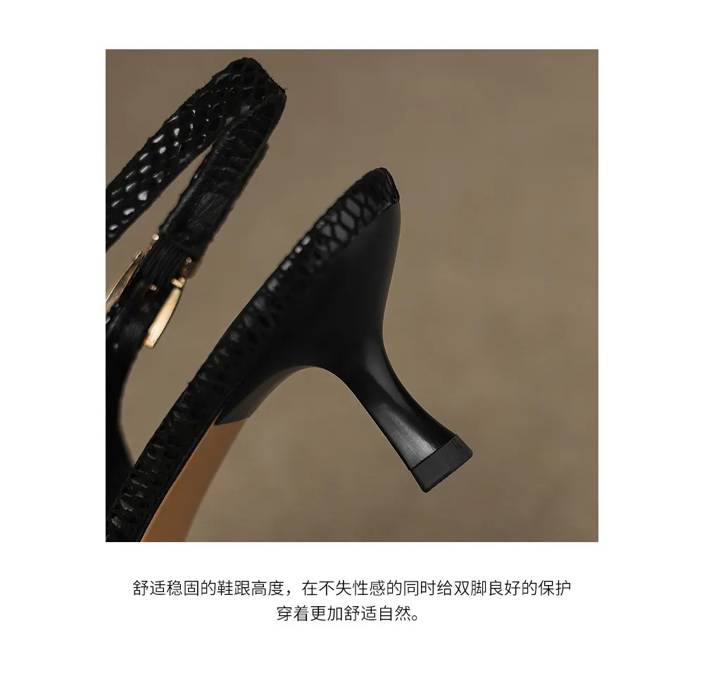 Spring/Summer Embossed Sheepskin Sandals with Stiletto Heels, Open Back, Stylish and Elegant Pointed Toe, 5cm High Heels for Women