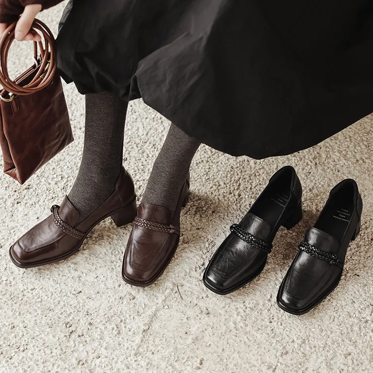 Early Spring Slip-on Square Toe Chunky Heel High Heel Sheepskin Fashion Women's Shoes 12-22h
