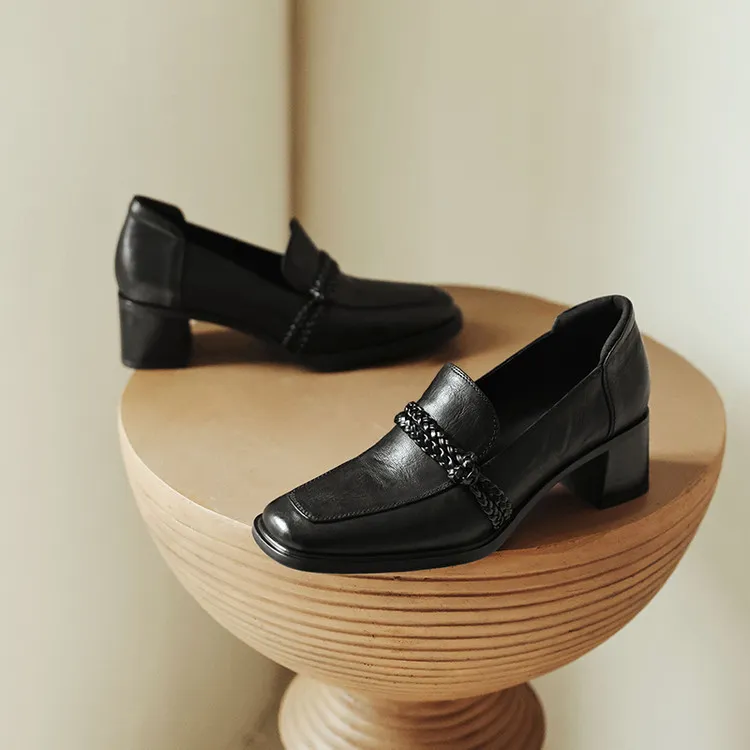 Early Spring Slip-on Square Toe Chunky Heel High Heel Sheepskin Fashion Women's Shoes 12-22h