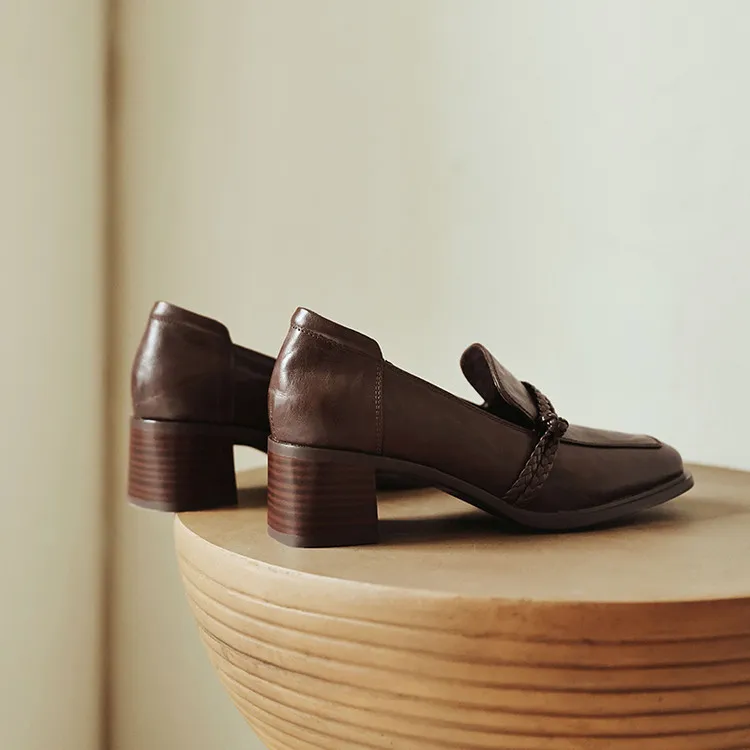 Early Spring Slip-on Square Toe Chunky Heel High Heel Sheepskin Fashion Women's Shoes 12-22h