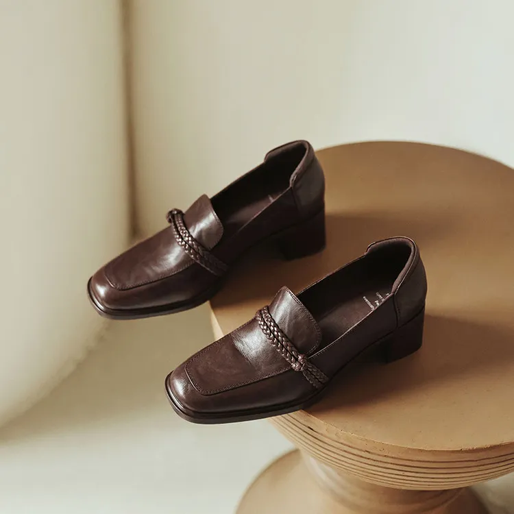 Early Spring Slip-on Square Toe Chunky Heel High Heel Sheepskin Fashion Women's Shoes 12-22h