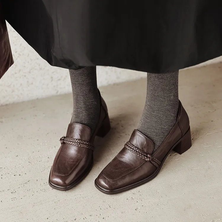 Early Spring Slip-on Square Toe Chunky Heel High Heel Sheepskin Fashion Women's Shoes 12-22h