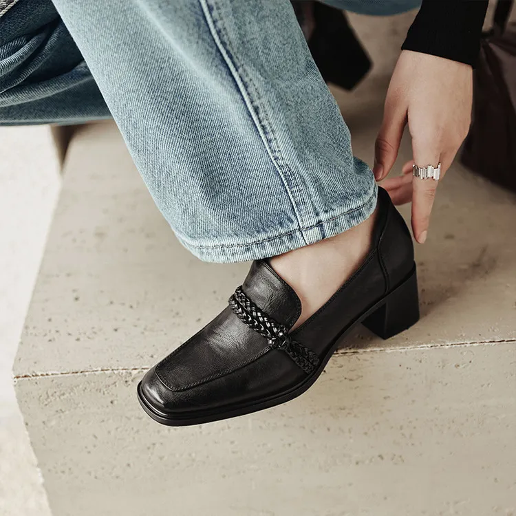 Early Spring Slip-on Square Toe Chunky Heel High Heel Sheepskin Fashion Women's Shoes 12-22h