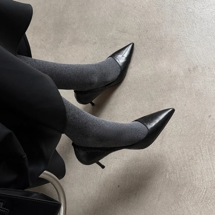 Early Spring Pointed Toe Stiletto Heel High-Heeled Low-Cut Sheepskin Fashion Women's Shoes 12-22f
