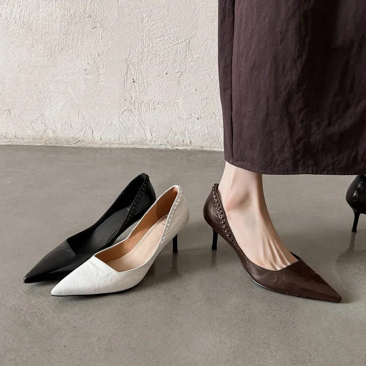 Early Spring Pointed Toe Stiletto Heel High-Heeled Low-Cut Sheepskin Fashion Women's Shoes 12-22f