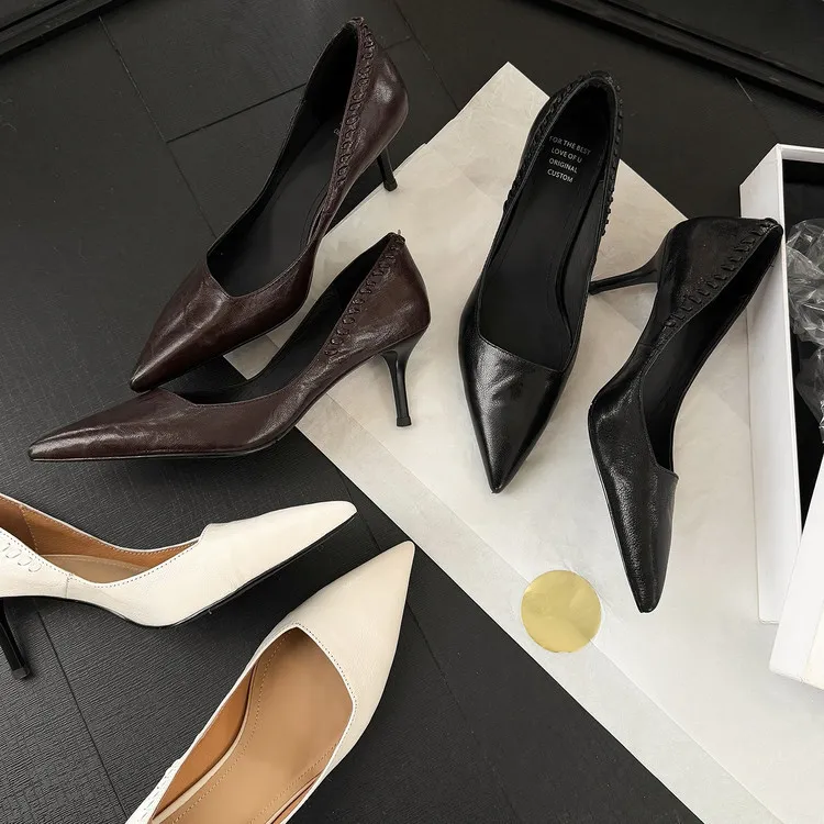 Early Spring Pointed Toe Stiletto Heel High-Heeled Low-Cut Sheepskin Fashion Women's Shoes 12-22f