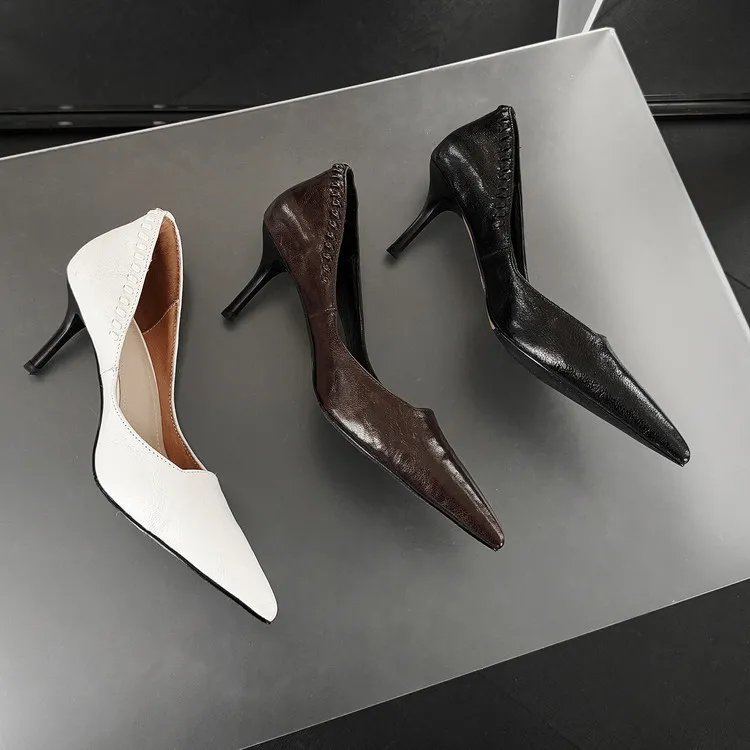 Early Spring Pointed Toe Stiletto Heel High-Heeled Low-Cut Sheepskin Fashion Women's Shoes 12-22f