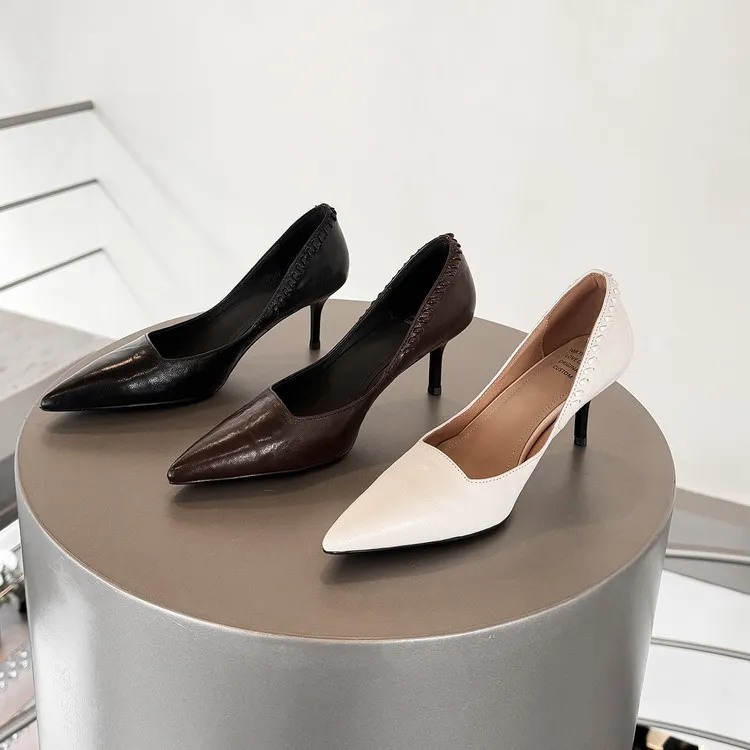 Early Spring Pointed Toe Stiletto Heel High-Heeled Low-Cut Sheepskin Fashion Women's Shoes 12-22f