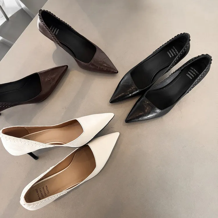 Early Spring Pointed Toe Stiletto Heel High-Heeled Low-Cut Sheepskin Fashion Women's Shoes 12-22f