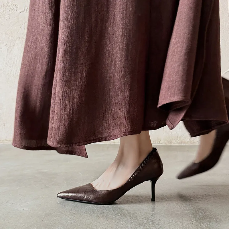 Early Spring Pointed Toe Stiletto Heel High-Heeled Low-Cut Sheepskin Fashion Women's Shoes 12-22f