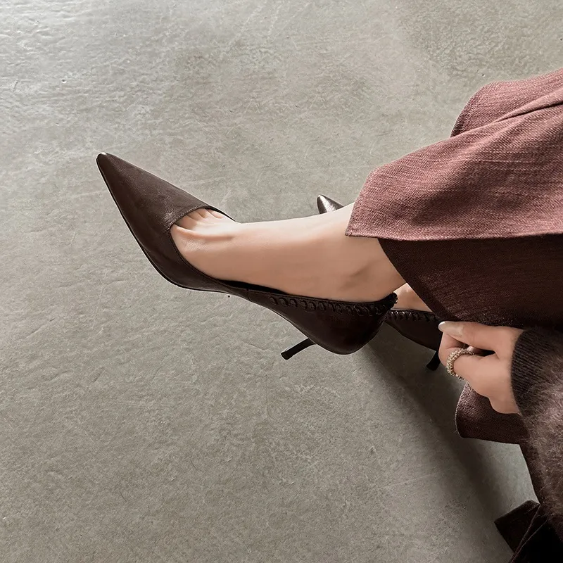 Early Spring Pointed Toe Stiletto Heel High-Heeled Low-Cut Sheepskin Fashion Women's Shoes 12-22f