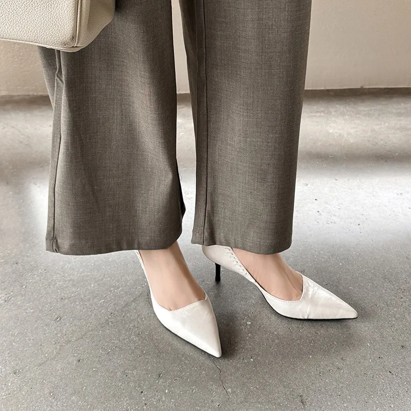 Early Spring Pointed Toe Stiletto Heel High-Heeled Low-Cut Sheepskin Fashion Women's Shoes 12-22f