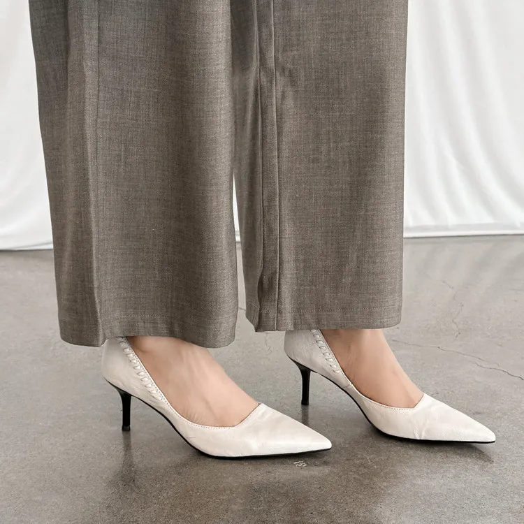 Early Spring Pointed Toe Stiletto Heel High-Heeled Low-Cut Sheepskin Fashion Women's Shoes 12-22f