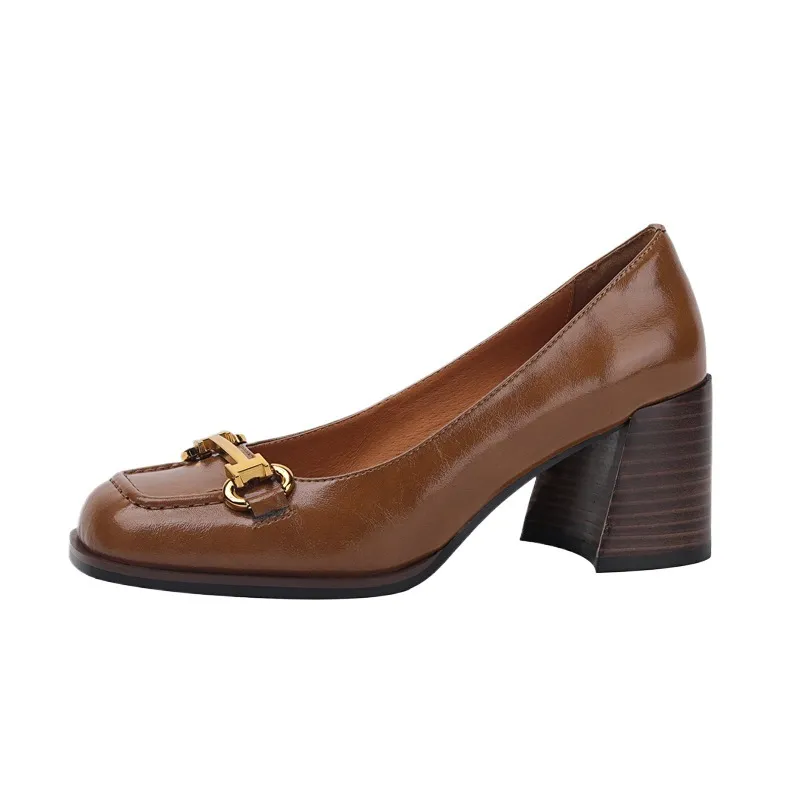 French retro style chunky heeled women's shoes, 6cm, horseshoe buckle, spring and autumn leather shoes, chunky heel, low-cut women's shoes.