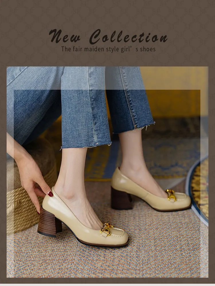 French retro style chunky heeled women's shoes, 6cm, horseshoe buckle, spring and autumn leather shoes, chunky heel, low-cut women's shoes.