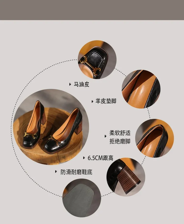 French retro style chunky heeled women's shoes, 6cm, horseshoe buckle, spring and autumn leather shoes, chunky heel, low-cut women's shoes.