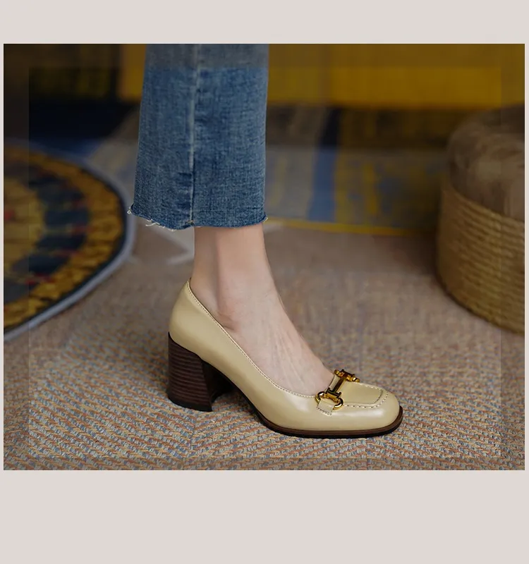 French retro style chunky heeled women's shoes, 6cm, horseshoe buckle, spring and autumn leather shoes, chunky heel, low-cut women's shoes.