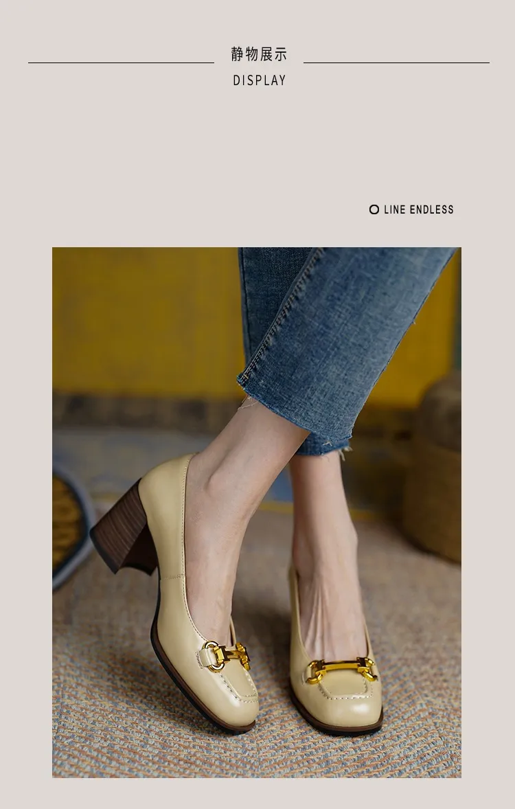 French retro style chunky heeled women's shoes, 6cm, horseshoe buckle, spring and autumn leather shoes, chunky heel, low-cut women's shoes.