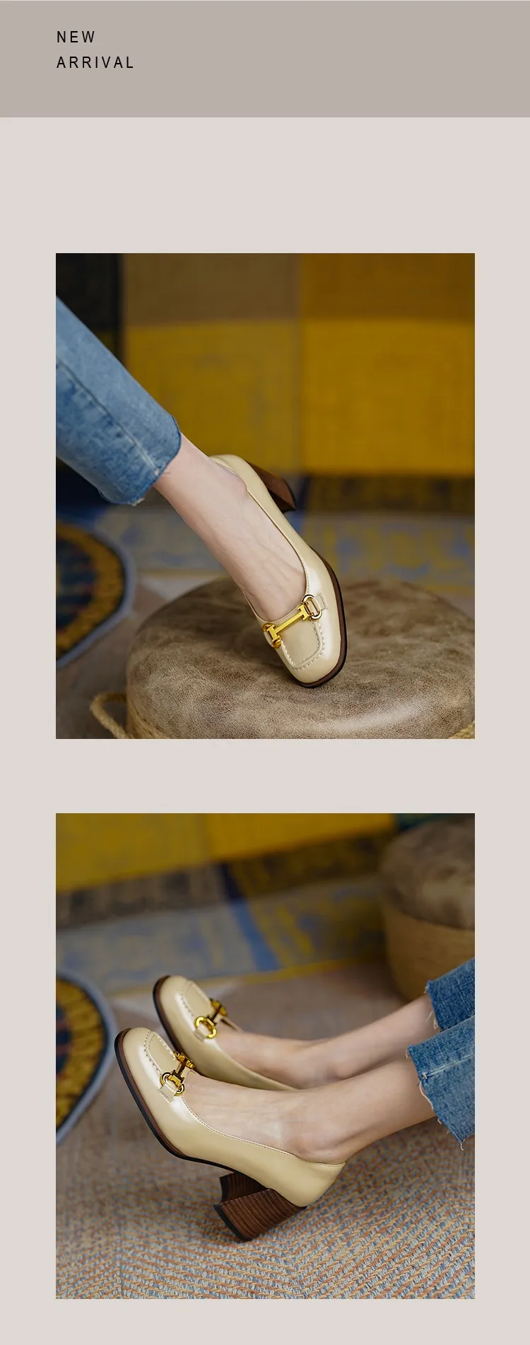 French retro style chunky heeled women's shoes, 6cm, horseshoe buckle, spring and autumn leather shoes, chunky heel, low-cut women's shoes.