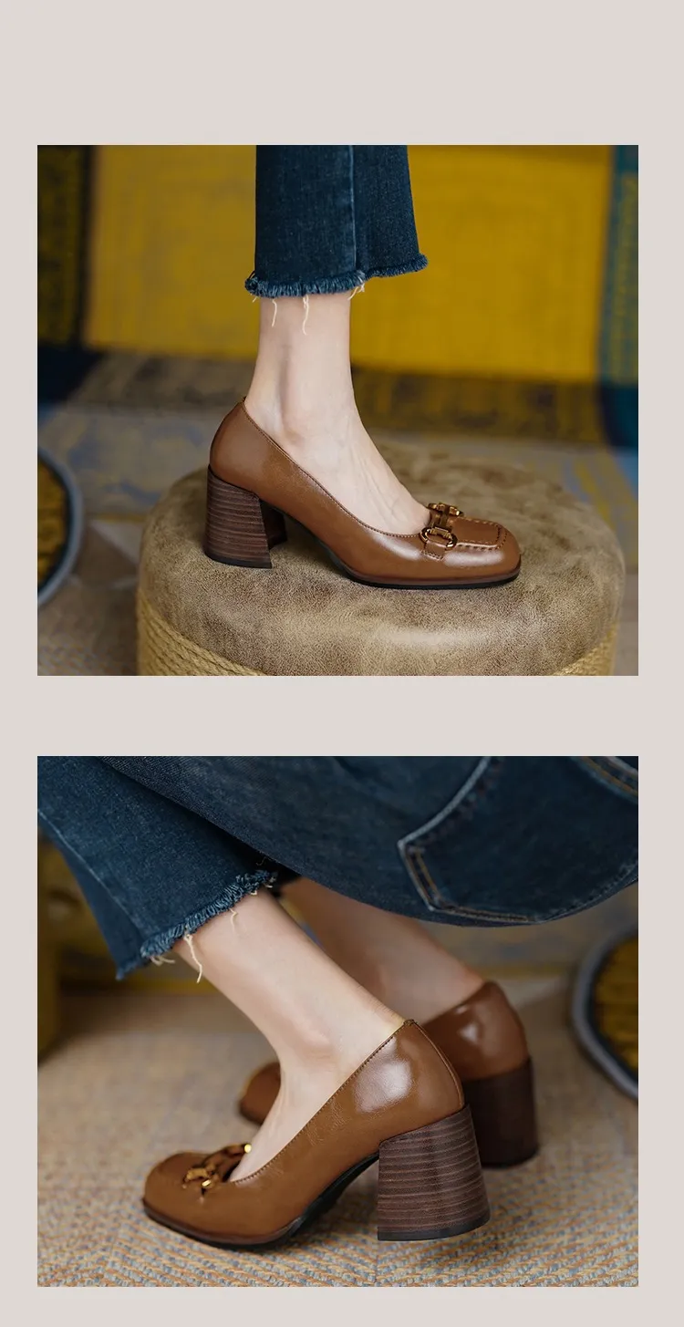 French retro style chunky heeled women's shoes, 6cm, horseshoe buckle, spring and autumn leather shoes, chunky heel, low-cut women's shoes.