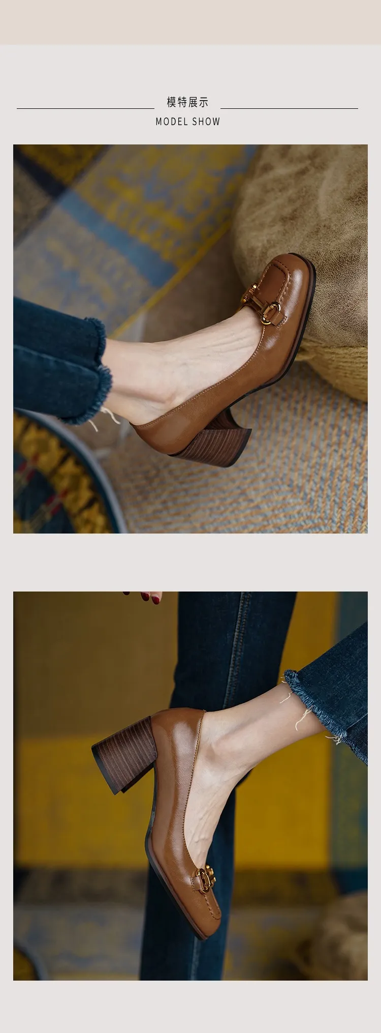 French retro style chunky heeled women's shoes, 6cm, horseshoe buckle, spring and autumn leather shoes, chunky heel, low-cut women's shoes.