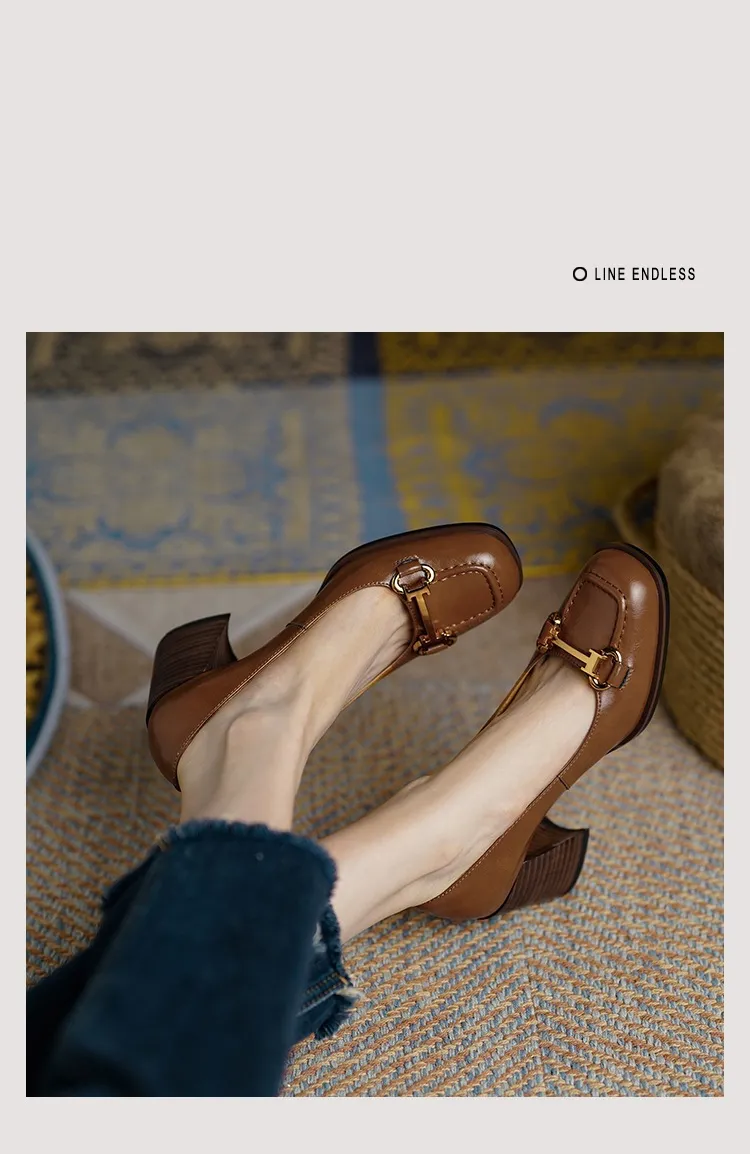 French retro style chunky heeled women's shoes, 6cm, horseshoe buckle, spring and autumn leather shoes, chunky heel, low-cut women's shoes.