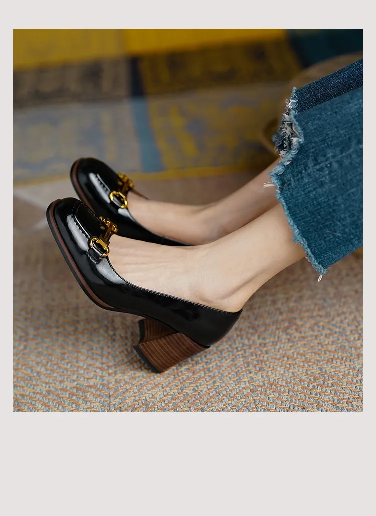 French retro style chunky heeled women's shoes, 6cm, horseshoe buckle, spring and autumn leather shoes, chunky heel, low-cut women's shoes.