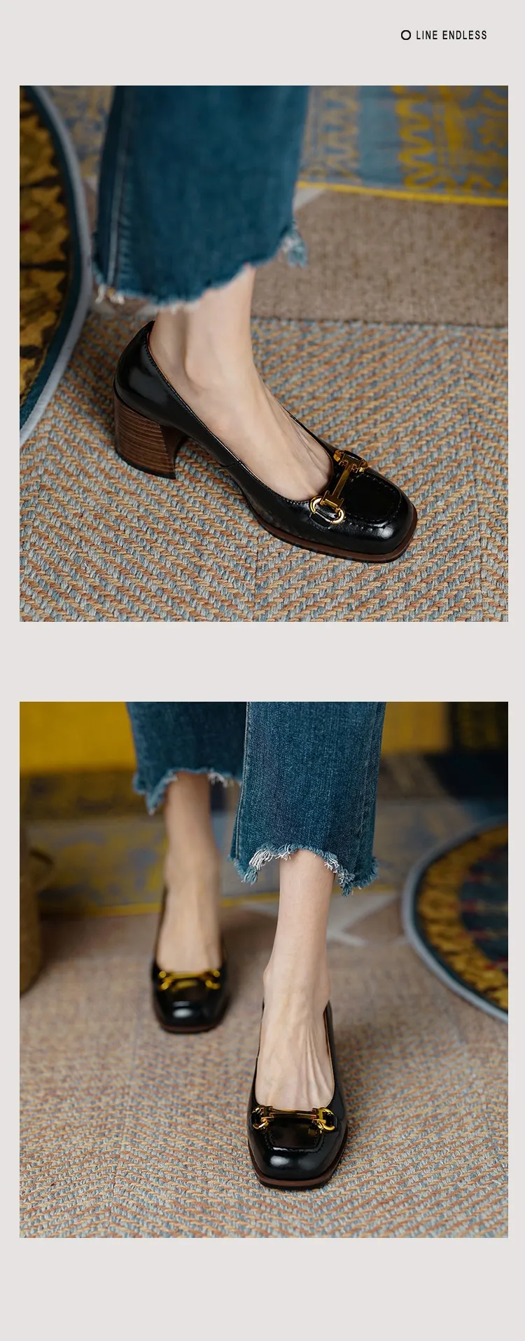 French retro style chunky heeled women's shoes, 6cm, horseshoe buckle, spring and autumn leather shoes, chunky heel, low-cut women's shoes.