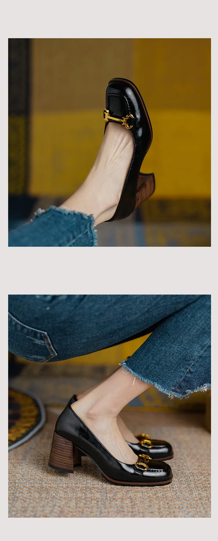 French retro style chunky heeled women's shoes, 6cm, horseshoe buckle, spring and autumn leather shoes, chunky heel, low-cut women's shoes.